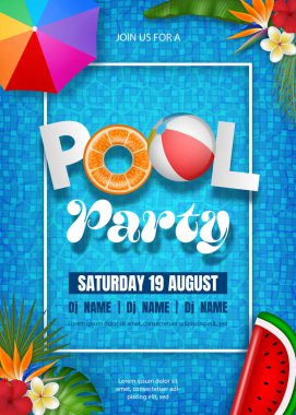 Yaz havuzu parti posteri, şişirilebilir, tropikal yapraklar ve su arka planında plaj şemsiyesi