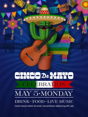 Yıldız pinada, eşek pinada, sombrero ve gitar ile kaktüs ve papel picado ile cinco de mayonez parti broşürü