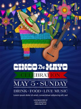 Eşek pinyatasıyla Cinco de Mayo posteri, sombrero ve gitar. Renkli flamaları ve yıldız pinataları olan Cinco de Mayo broşürü.