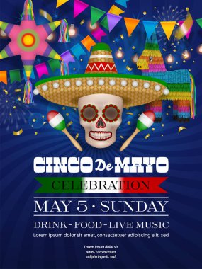 Kafatası, sombrero ve marakas olan Cinco de Mayo posteri. Renkli flamalı Cinco de Mayo broşürü, yıldız pinata ve eşek pinyatası.