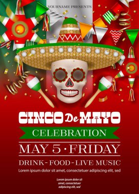 Cinco de mayonez posteri. Kafatasında sombrero, yıldız pinatalar ve flamalarla Cinco de Mayo parti posteri