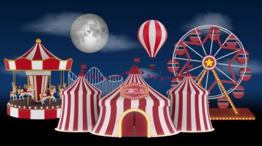 Üç boyutlu atlıkarınca, sirk, dönme dolap ve sıcak hava balonlu karnaval animasyonu. Eğlence parkı döngülenmiş animasyon