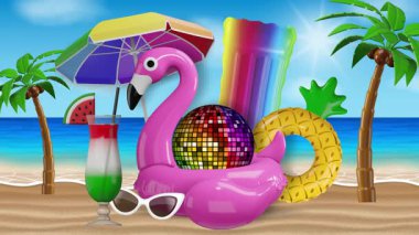Flamingo yüzme ringinde disko topuyla yaz partisi animasyonu şişirilebilir ve plaj manzarasında palmiyeler