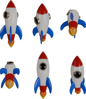 Farklı görüntülerde 3D roket illüstrasyonu. izole edilmiş roket
