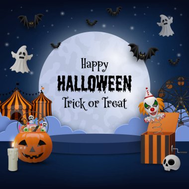 Cadılar bayramı arkaplanı dolunay, podyum, şekerli balkabağı kovası ve şeytani palyaço. Eğlence parkı, hayaletler ve yarasalarla Cadılar Bayramı broşürü.