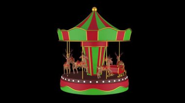 Siyah ekranda kırmızı ve beyaz yeşil çizgili 3D atlıkarınca. Ren geyikleriyle Noel atlıkarıncalarının animasyonu. Noel şenliği Geyiklerle dolaşır