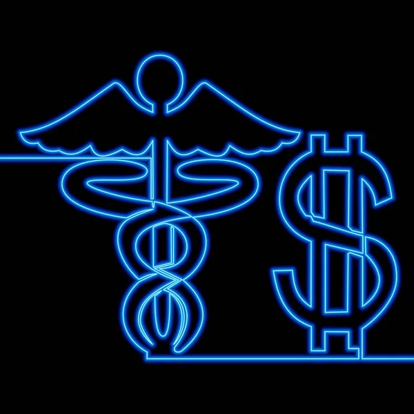 Nepřetržitá Jedna Čára Kreslení Dolar Znamení Symbol Medicíny Ikony Neon — Stockový vektor