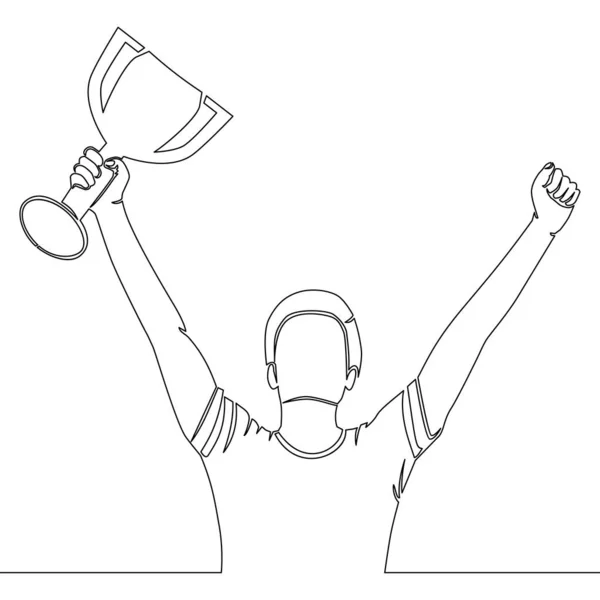 Continuous One Single Line Drawing Champion Player Lifting Trophy Icon — Stock Vector