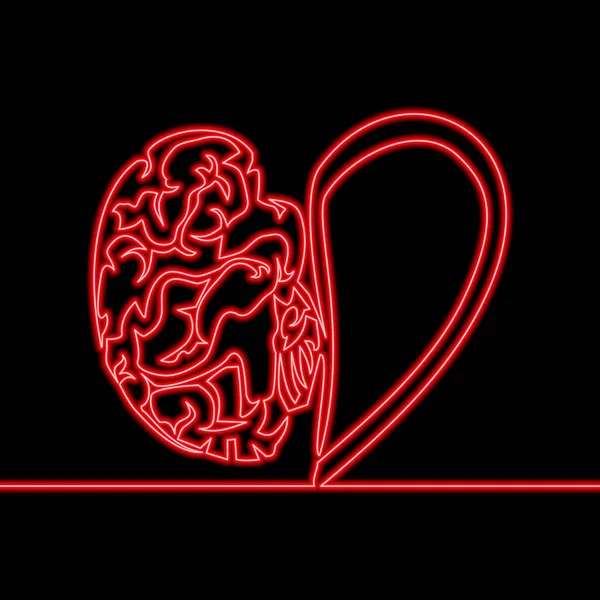 Kalp Beyni Logosunun Neon Işıklı Vektör Illüstrasyon Konseptini Çizen Tek — Stok Vektör