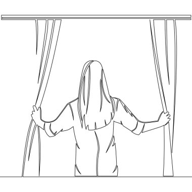 Continuous one single line drawing back view of woman standing and opening window curtains hope icon vector illustration concept