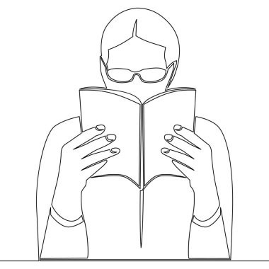 Sürekli tek bir çizgi çizen kişi ilginç kitap ikonu vektör illüstrasyon kavramını okumaya odaklanmış.
