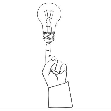 Ampul lambası tutan tek bir çizginin devamlılığı fikir ve yaratıcılık ikonu çizim konseptine büyük bir nokta düşünün