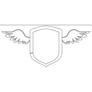 Kanat şablonu logo tasarımlı sevimli uçan kalkan çizen tek bir çizgi devam ediyor. Kanatlı kalkan ikon vektör çizimi konsepti.