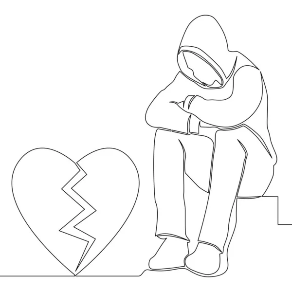 Continuous One Single Line Drawing Man Broken Heart Sitting Depression — Stock Vector