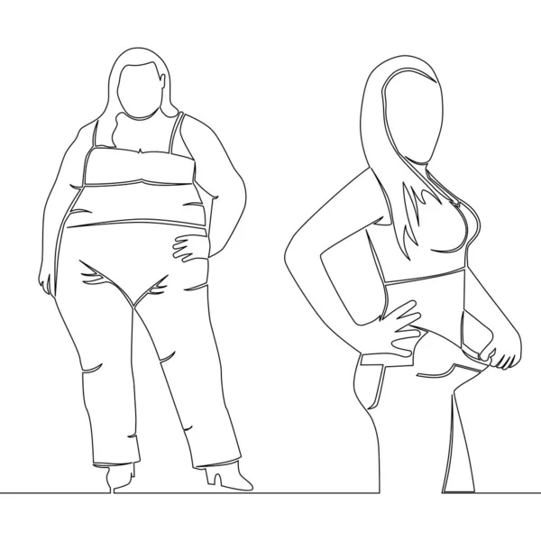 連続1本の線画 国会アイコンの前と後の緩い重量の女性ベクトルイラストコンセプト — ストックベクタ