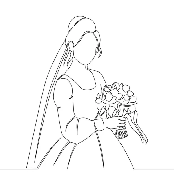 Kontinuierliche Eine Einzige Linie Zeichnung Schöne Braut Hält Einen Strauß — Stockvektor