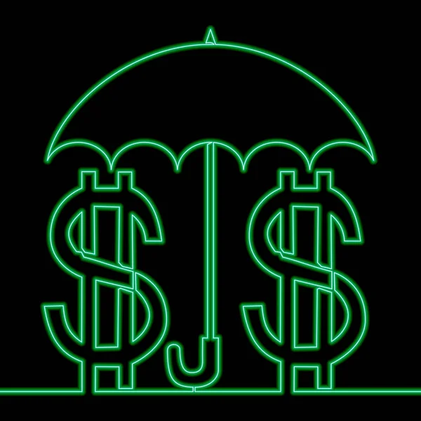 継続的な一本の線画傘の下でお金を節約保険アイコンネオン輝きベクトルイラストコンセプト — ストックベクタ