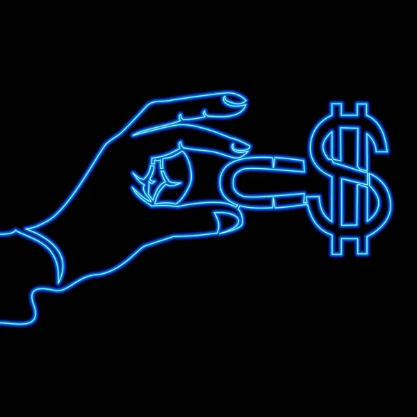 连续一行画货币业务成功的一元磁铁吸引投资商人的手磁铁和货币图标霓虹灯矢量图解概念 — 图库矢量图片