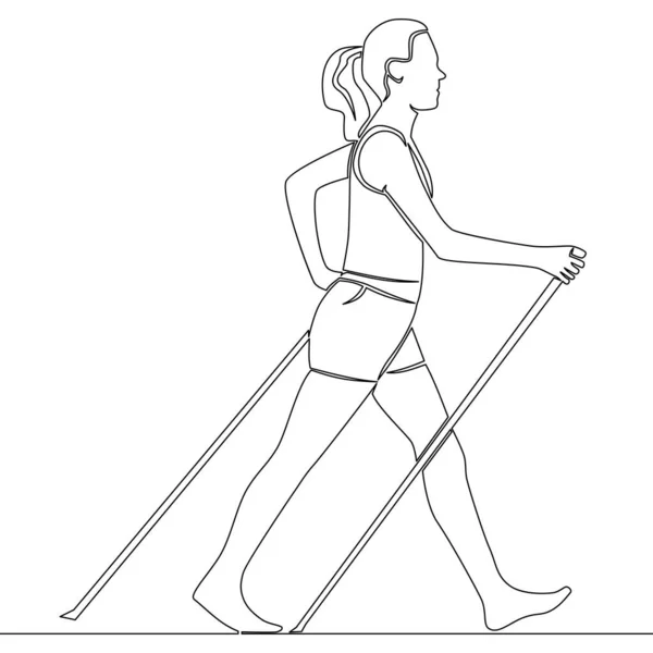 Eine Durchgehende Linienzeichnung Frau Geht Fuß Mit Gehstöcken Nordic Walking — Stockvektor