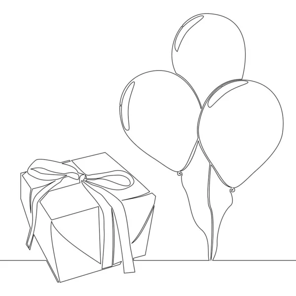 Kontinuierliche Eine Einzige Linie Zeichnung Geburtstagsfeier Geschenk Box Und Luftballons — Stockvektor