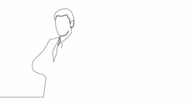Kendi çizim hattı animasyon işadamı büyüyen grafik sunumunda duruyor. Tek çizgi çizilmiş konsept video devam ediyor.