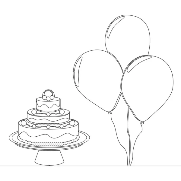 Kontinuierliche Eine Einzige Linie Zeichnung Geburtstagstorte Und Luftballons Feier Symbol — Stockvektor