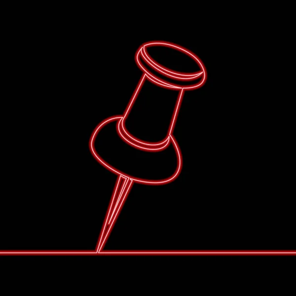Kontinu Satu Baris Menggambar Pin Push Merah Ikon Thumbtack Neon - Stok Vektor