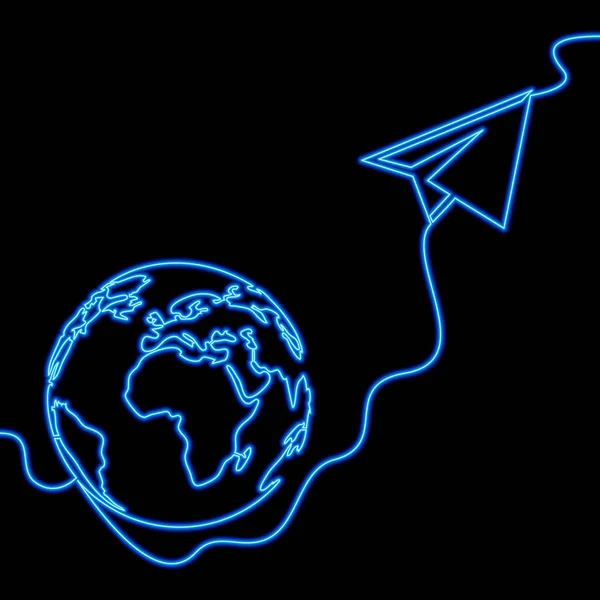 连续单行绘图纸飞机国际航标 在线旅行符号图标霓虹灯矢量图解概念 — 图库矢量图片