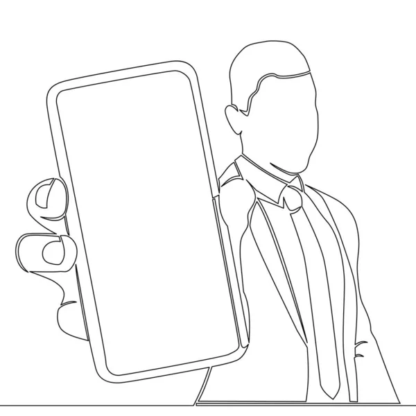 Ciągły Jeden Wiersz Rysunek Biznesmen Pokazuje Ikonę Ikony Smartfona Wektor — Wektor stockowy