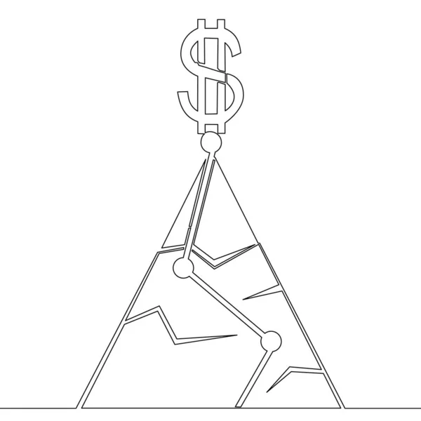 Contínuo Uma Única Linha Desenho Dolar Sinal Topo Uma Montanha — Vetor de Stock