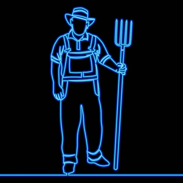 連続1本の線画ピッチフォーク文字 庭師の人のアイコンネオン輝くベクトルイラストのコンセプトを持つ農家 — ストックベクタ