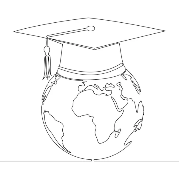 Continuous One Single Line Drawing Graduation Cap Planet Earth Learning — Stock Vector