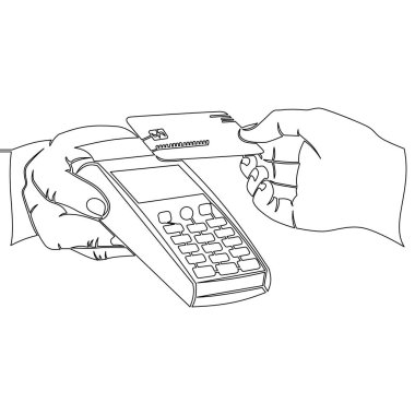 Sürekli tek bir satır çizerek bir kişi kredi ya da banka kartıyla ödeme yapar. Temassız ödeme sistemi veya teknoloji ikon vektör illüstrasyon kavramı