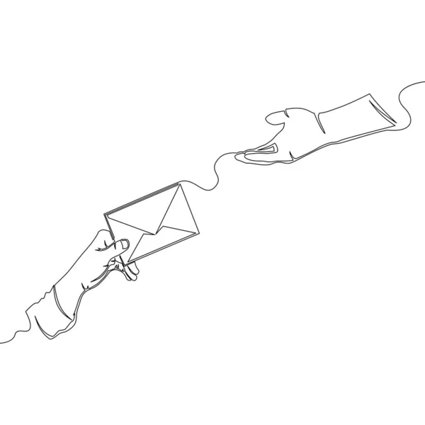连续的单行绘图接收邮件手递白纸信封给另一只手 手持邮件图标矢量图解概念 — 图库矢量图片