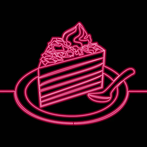 Desenho Contínuo Uma Única Linha Cake Slice Emoticon Icon Neon — Vetor de Stock