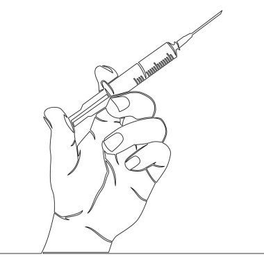 Sürekli tek bir çizgi halinde, şırıngayı iğne aşısıyla, sağlık enjeksiyonuyla tutuyor. Tıbbi simge vektör illüstrasyon kavramı