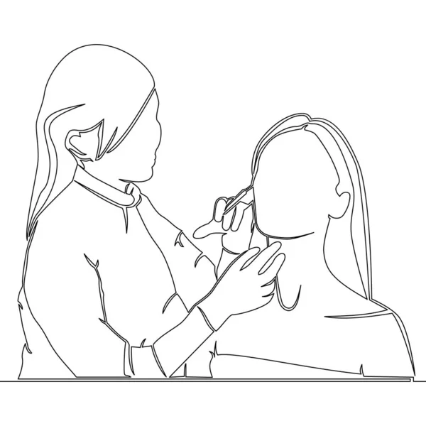 Continuous one single line drawing cosmetologist makes an injection of Botox. A young woman receives cosmetic botox injections. Women\'s cosmetology in a beauty salon icon vector illustration concept