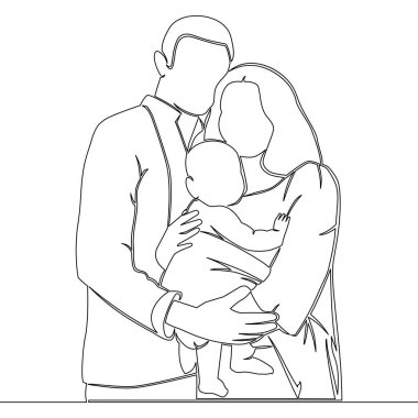Sürekli tek bir çizgi halinde genç ebeveynler anne ve baba aileleri ayakta duruyor ve kucağında yeni doğmuş bebek Mutlu aile ve çocukluk ikonu çizimi konsepti