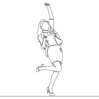 Başarılı başarı ikonu vektör illüstrasyon kavramını kutlayan mutlu iş kadını çizen tek bir satır devam ediyor.