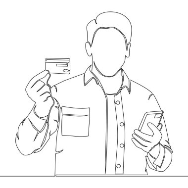 Sürekli tek bir çizgi çizen adam akıllı telefon ve kredi kartı ikonu vektör illüstrasyon kavramını elinde tutuyor