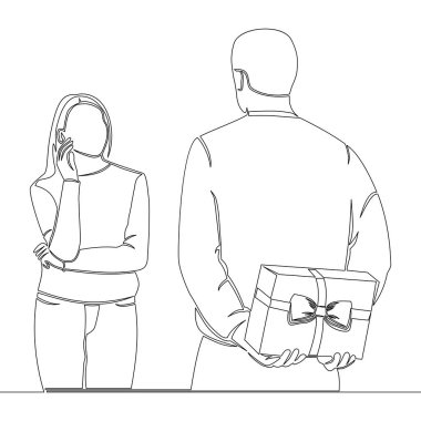 Continuous one single line drawing A man hides a gift for a woman behind his back Happy couple icon vector illustration concept