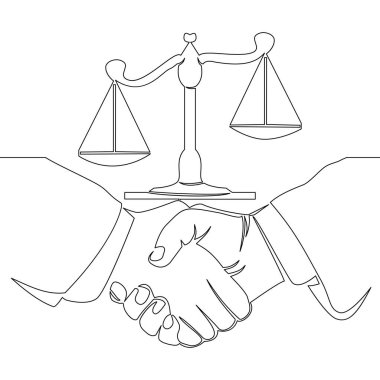Devamlı tek bir satır çizimi, müvekkil avukatla tokalaşıyor Hukuki Hizmetler Avukatlık Danışmanlık Danışmanlığı, hukuki ikon vektör illüstrasyon kavramını tartışıyor