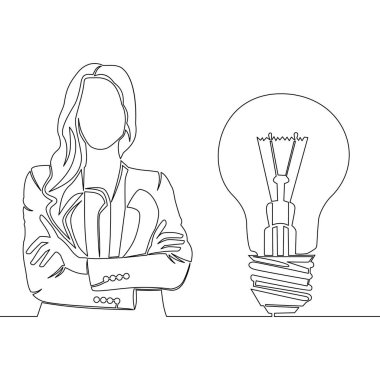 Devamlı olarak tek bir çizgi çizerek genç zeki kadın ve ampul fikri simgesi çizerek ikon vektör illüstrasyon kavramını