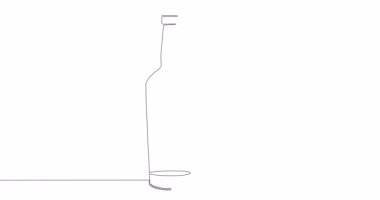 Kendi kendine çizim çizimi animasyon şişesi ve buzlu bir bardak viski sürekli tek bir çizgi konsept video