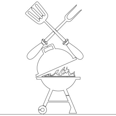 BBQ ve Grill barbekü çatalı ve spatula ikon vektör illüstrasyon kavramını çizen tek bir satır devam ediyor.