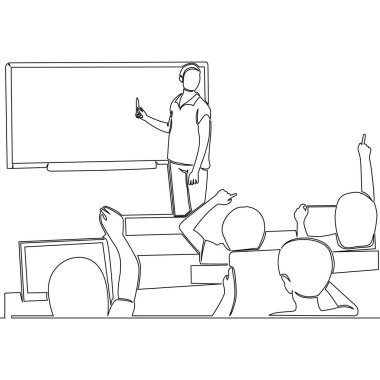 Tek sıra halinde öğretmenler okula dönen çocukları karşılıyor. Eğitim, okul, öğrencilerin önünde duran ve karatahta simge vektör illüstrasyon kavramına yazan öğretmen