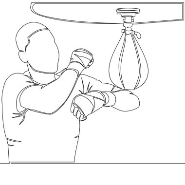 Eğitimde atlet çizen tek bir çizgi devam ediyor. Boksör kum torbası vektör illüstrasyon kavramına tıkladı