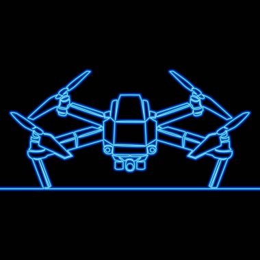 İnsansız kuadkopter dron simgesi neon ışıklı vektör illüstrasyon kavramı
