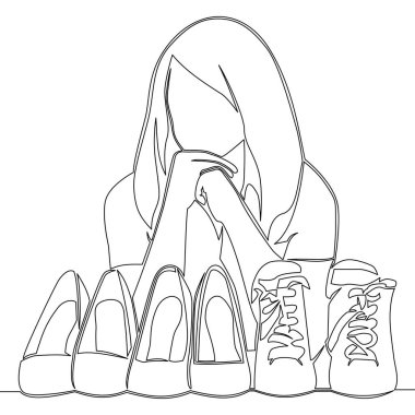 Aralıksız tek bir çizgi çizen kadın ikon vektör illüstrasyon konsepti almak için ayakkabı seçiyor