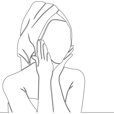 Kafasında havlu olan bir kadın, yüz simgesi illüstrasyon konseptiyle ilgileniyor.